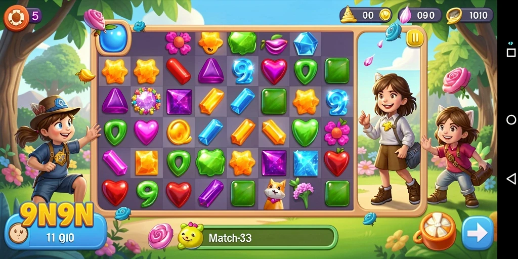 Screenshot gameplay <strong>9N9N</strong> yang menunjukkan kombinasi warna-warni dalam Match-3.