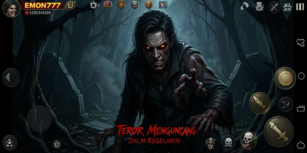 Screenshot EMON777 menampilkan gameplay menegangkan di ruang gelap.