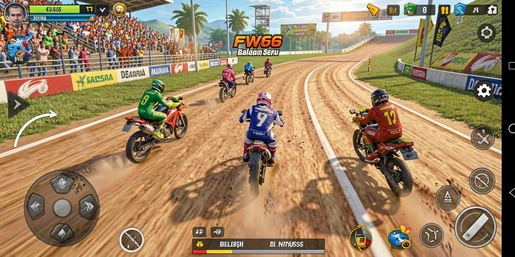 Screenshot utama FW66 menampilkan aksi balap seru dengan mobil cepat.