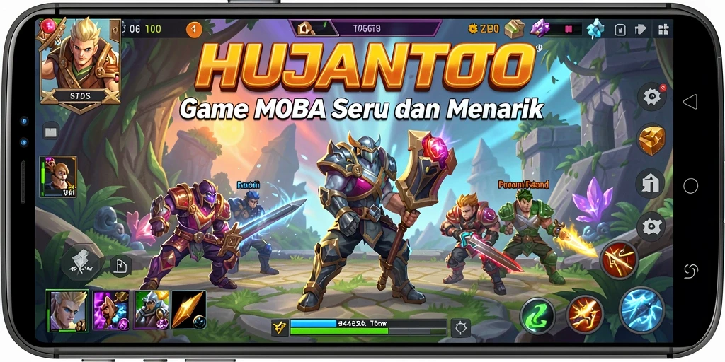 Screenshot seru dari gameplay MOBA HUJANTOTO dengan karakter bertarung.