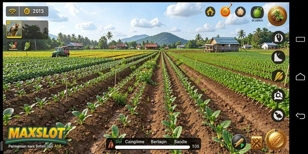 Screenshot gameplay MAXSLOT yang menunjukkan aktivitas bertani yang seru.