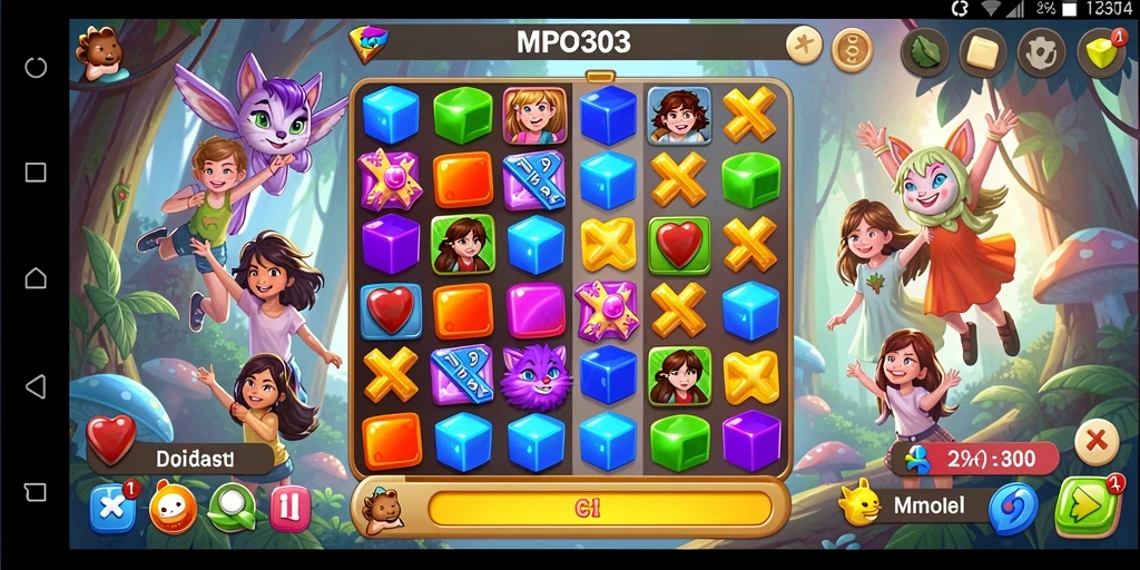 Screenshot MPO303 menampilkan gameplay seru mencocokkan permata.