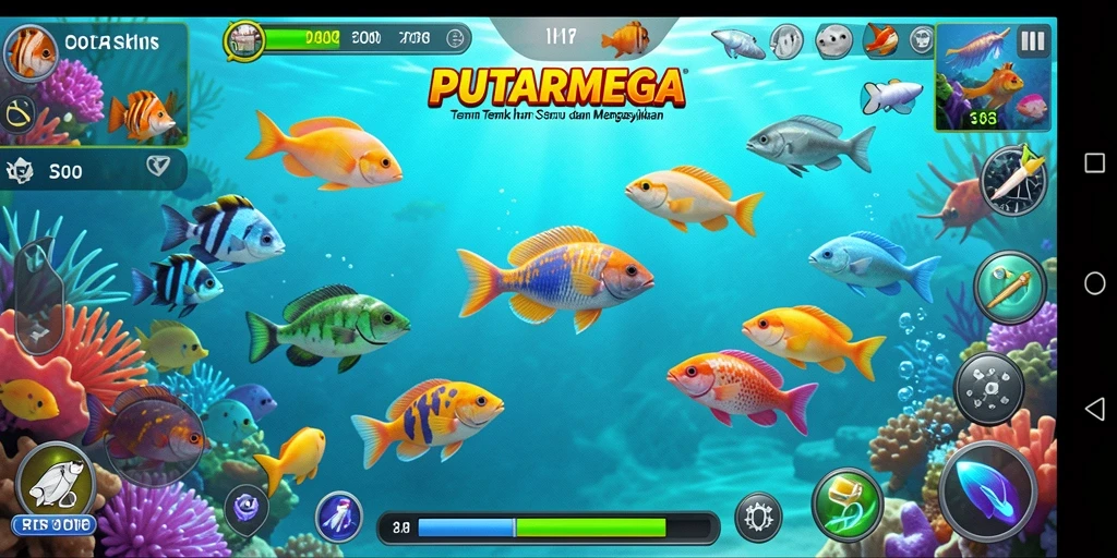 Screenshot PUTARMEGA menampilkan pemain menembak ikan dalam suasana laut yang cerah.