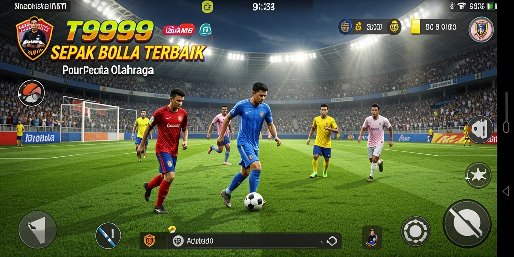 Screenshot T9999 menampilkan gameplay seru sepak bola dengan tim yang bertanding.