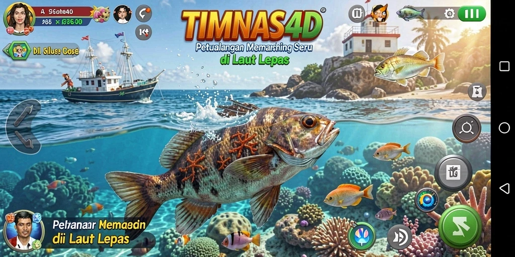 Screenshot utama TIMNAS4D menampilkan gameplay memancing di laut yang menakjubkan.